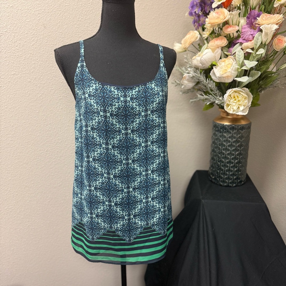 Cabi Blue Geometric Print Tank Top with Striped Hem – Size XS